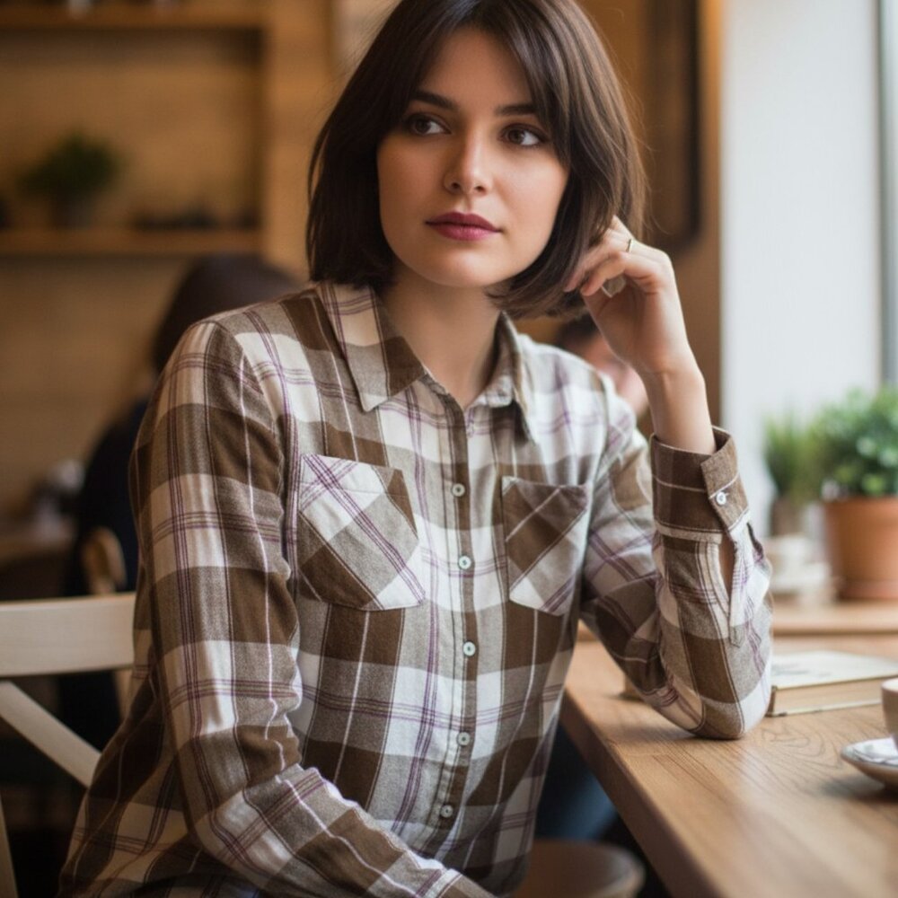 Womens Flannel Shirt Longtail hem Plaid Long Sleeve top Pocket